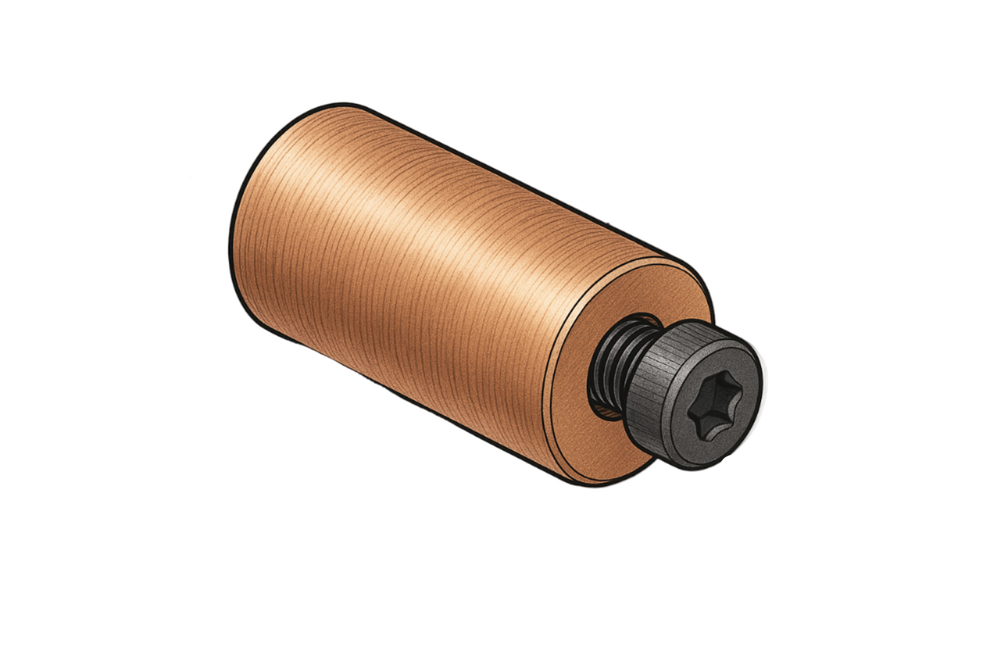 .835" long  X 1/2" round copper rod with counterbored hole with 6-32 screw socket head cap screw with Torx drive