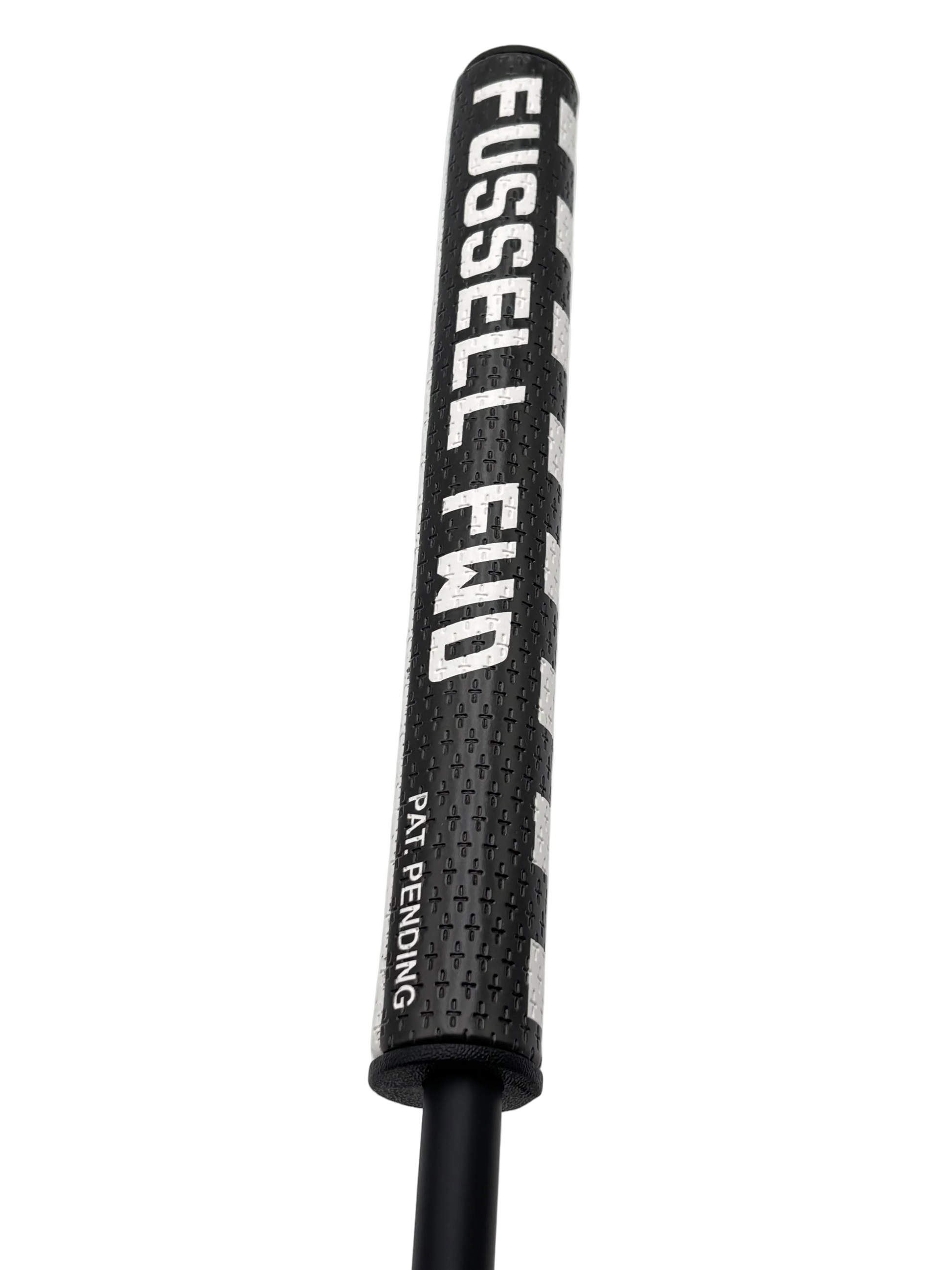 Black golf club putter grip with 'Fussell FWD' branding on a white background