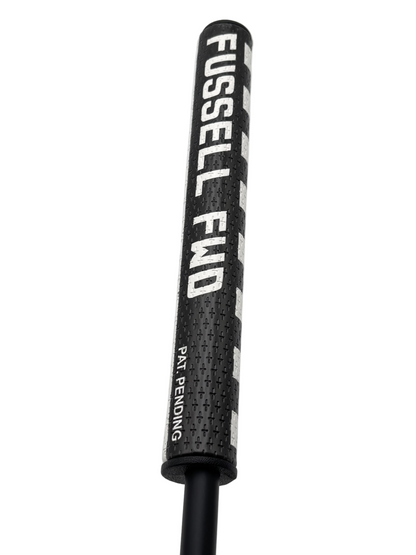 Black golf club putter grip with 'Fussell FWD' branding on a white background