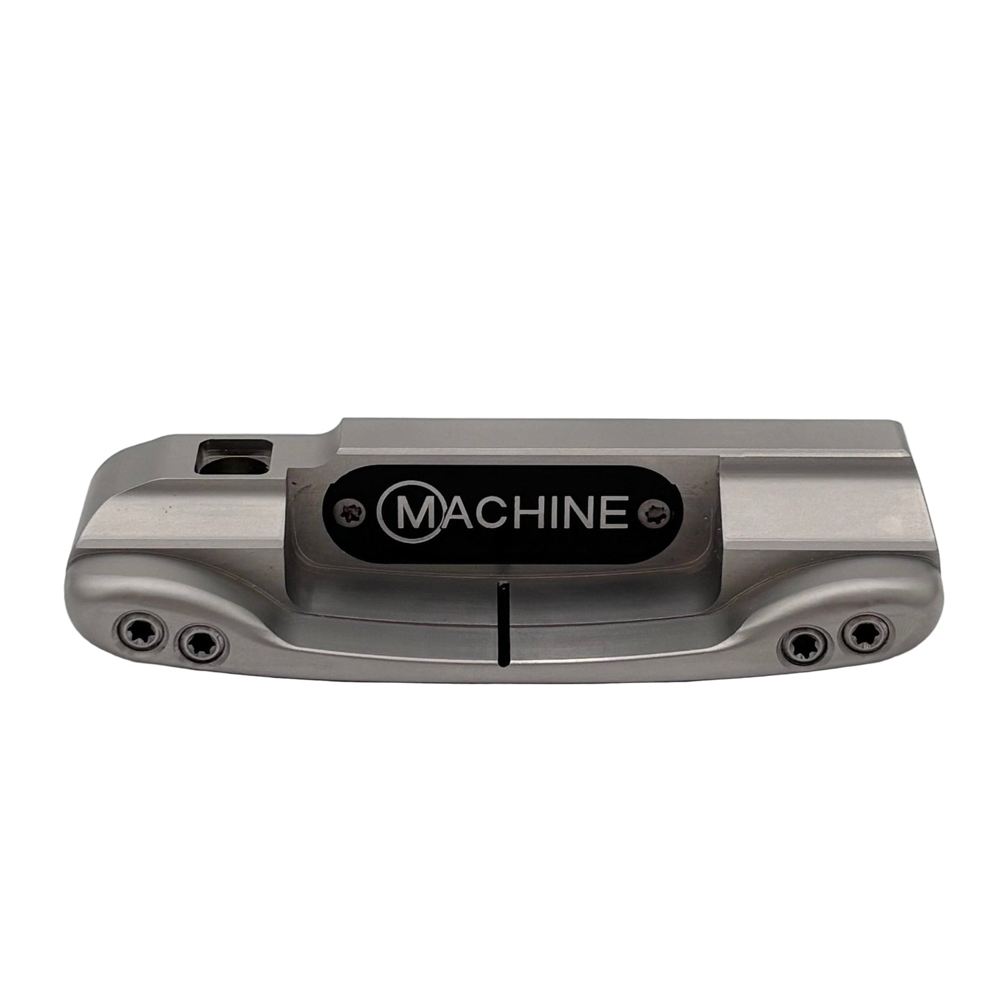 A gray putter head with the label 'MACHINE' on the top, featuring sight line in the cavity.