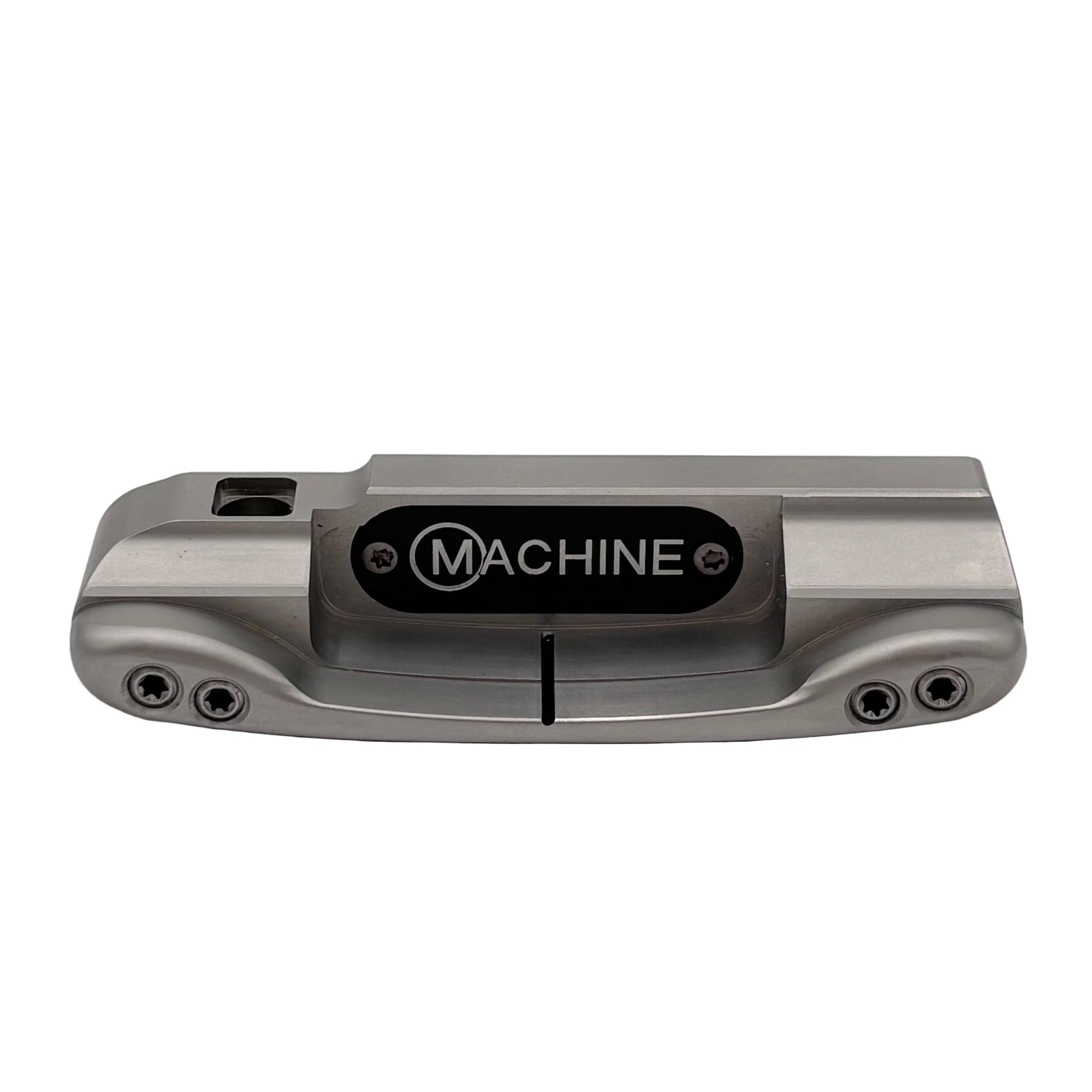 A gray putter head with the label 'MACHINE' on the top, featuring sight line in the cavity.