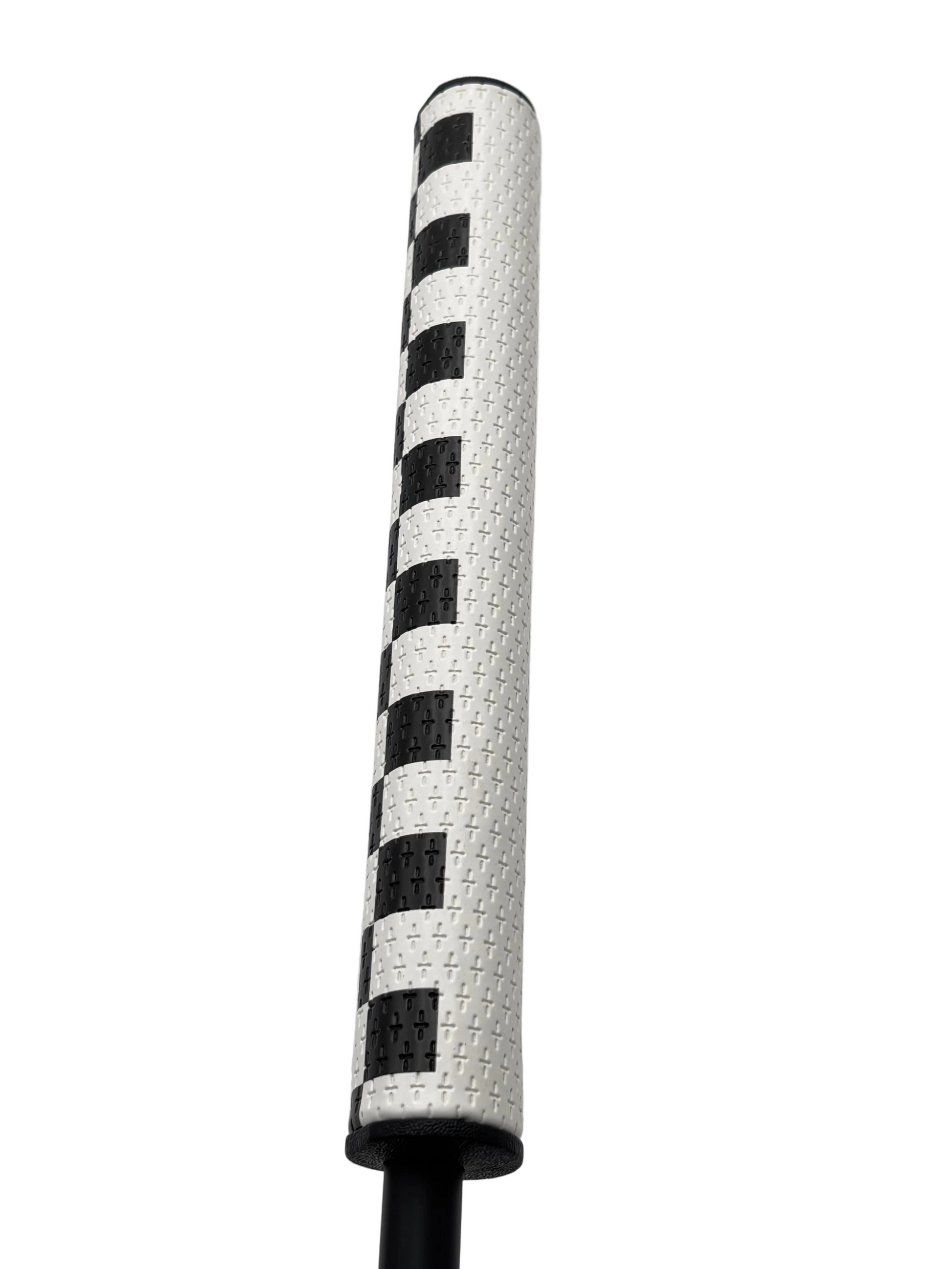 Black and white striped golf club grip on a light gray background