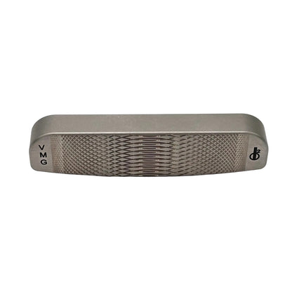 A stainless steel putter head with aggressive VMG face milling and a Morning Dew Satin finish, featuring a standard aluminum medallion.